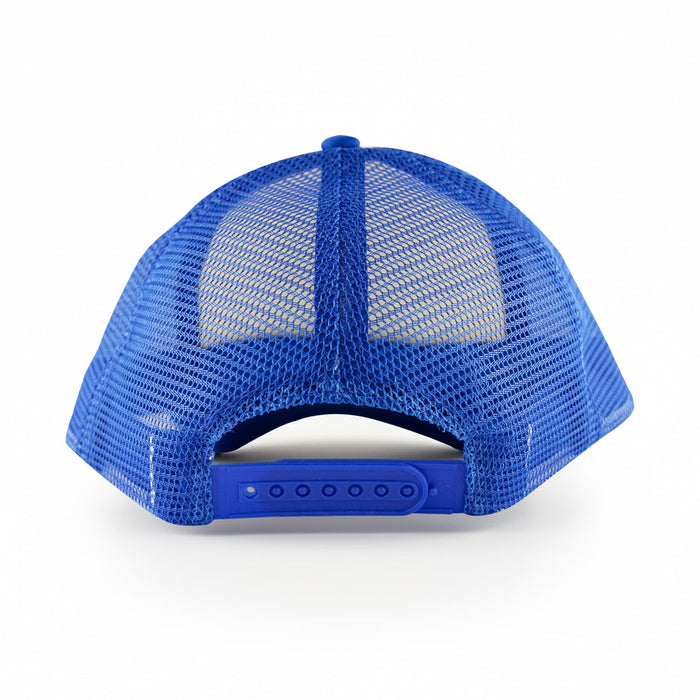 White Front 5 Panel Trucker Mesh Cap - A blue trucker cap with a mesh back and an adjustable strap at the rear, featuring a logo.