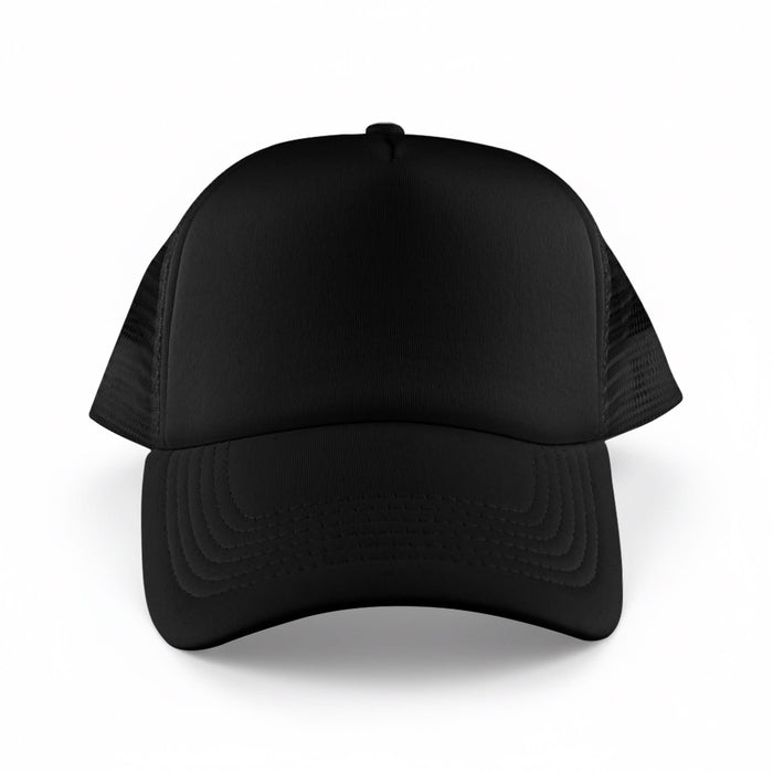 Classic 5 Panel Trucker Mesh Cap - A black 5 panel trucker mesh cap with a solid front and mesh side panels, featuring a logo.