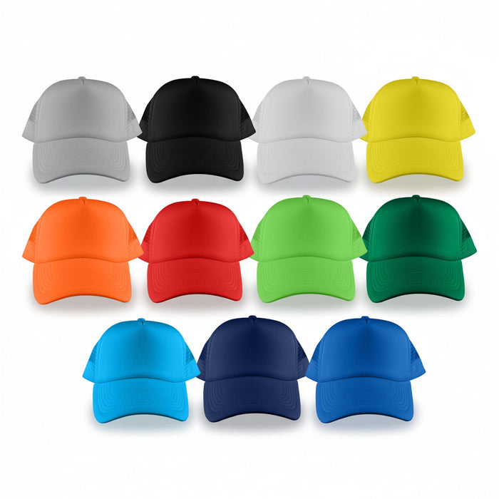 Classic 5 Panel Trucker Mesh Cap - A collection of Classic 5 Panel Trucker Mesh Caps in various colours: grey, black, white, yellow, red, orange, green, navy, and blue.