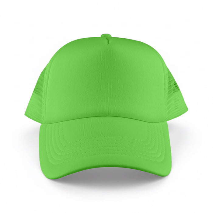 Classic 5 Panel Trucker Mesh Cap - A bright green Classic 5 Panel Trucker Mesh Cap with a solid front and mesh sides. It features a logo.