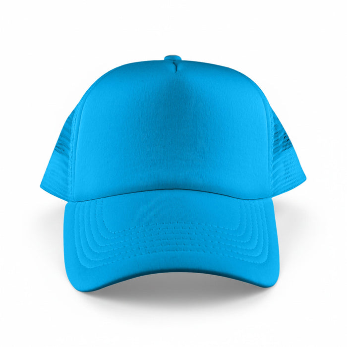 Classic 5 Panel Trucker Mesh Cap - A bright blue five-panel trucker cap featuring a solid front and mesh sides, with a logo present.