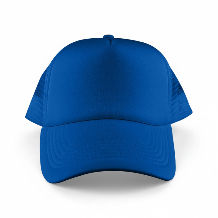 Classic 5 Panel Trucker Mesh Cap - A blue Classic 5 Panel Trucker Mesh Cap featuring a solid front and mesh back, with a logo on the front.