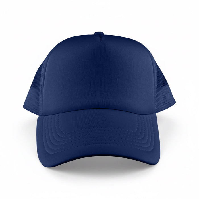 Classic 5 Panel Trucker Mesh Cap - A navy blue Classic 5 Panel Trucker Mesh Cap with a solid front and mesh sides, featuring a branding logo.