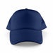 Classic 5 Panel Trucker Mesh Cap - A navy blue Classic 5 Panel Trucker Mesh Cap with a solid front and mesh sides, featuring a branding logo.
