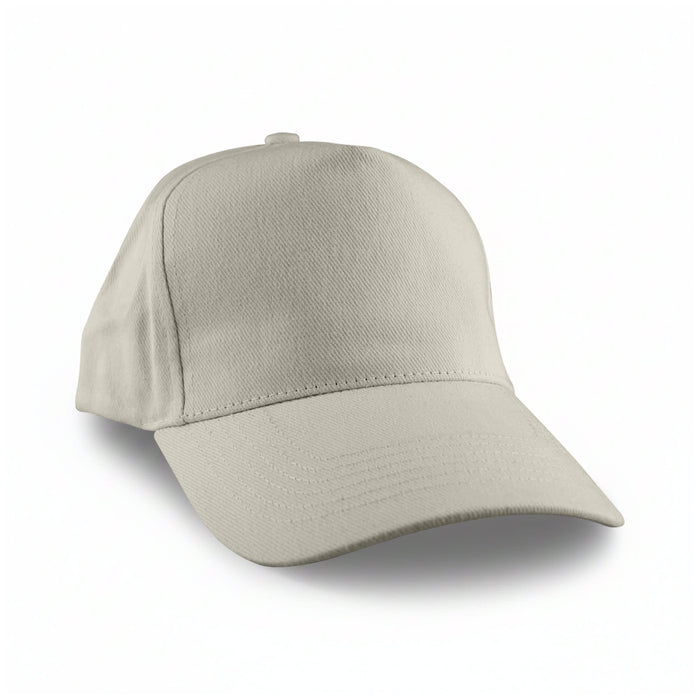 Flexi Cap - A light beige cap with a curved brim and adjustable strap at the back. The cap features a blank canvas for customisation.