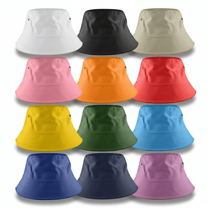 Long Beach Bucket Hat – Large - A collection of bucket hats in various colours: white, black, beige, pink, orange, red, yellow, green, blue, and purple. Each hat has a logo.