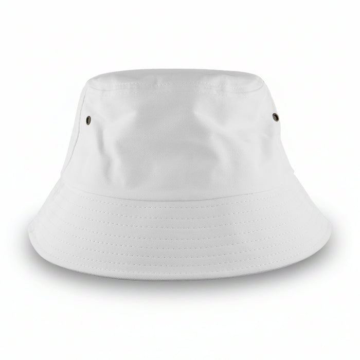 Long Beach Bucket Hat – Large - A large white bucket hat featuring eyelets and a wide brim. It includes a logo on the side.