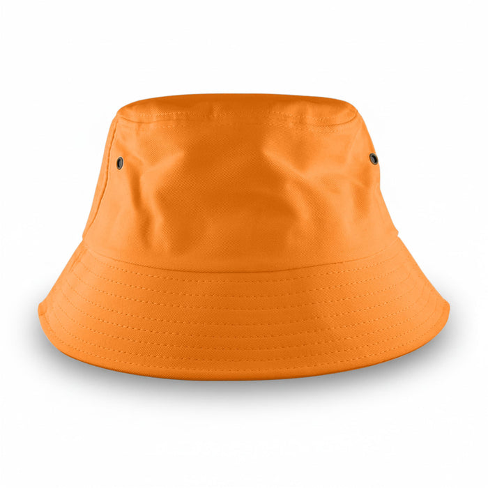 Long Beach Bucket Hat – Large - An orange bucket hat with a wide brim, featuring ventilation holes and an inner band. It has a logo on it.