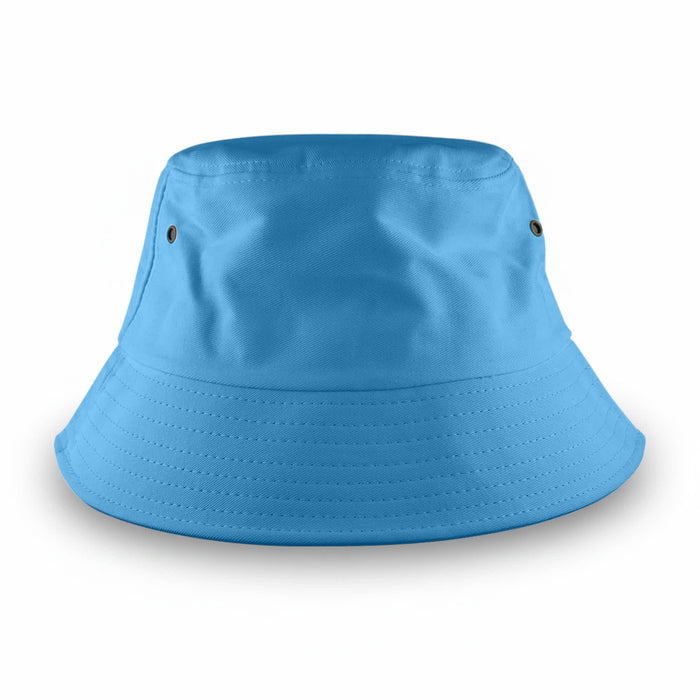 Long Beach Bucket Hat – Large - A large, bright blue bucket hat with ventilation eyelets and a wide brim. It features a logo on the side.
