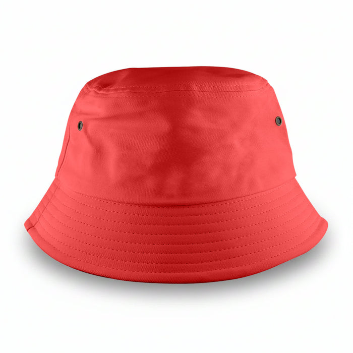 Long Beach Bucket Hat – Medium - A medium-sized bucket hat in bright red with two side vents and a smooth finish. It features a logo on the exterior.