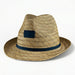 Panama Straw Hat - A Panama straw hat in natural tones with a navy blue band and an attached logo.