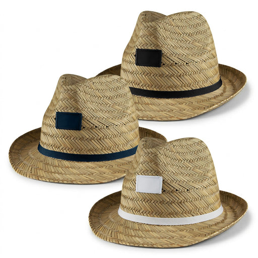 Panama Straw Hat - A set of three Panama straw hats in natural straw colour, featuring black, navy, and white bands. Each hat has a logo.