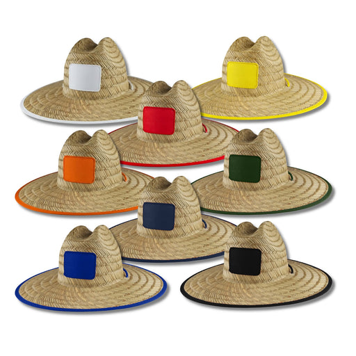 Beach Straw Hat - A collection of straw beach hats in various colours, each with a square area for branding.