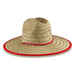 Beach Straw Hat - A large straw hat with a wide brim and a red trim around the edge, featuring a braided band.