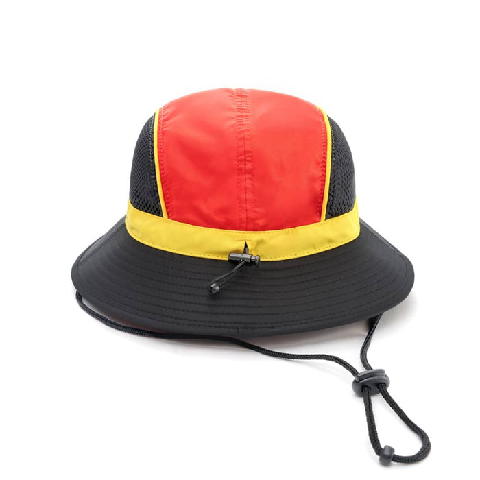 - Panelled Bucket Hat with Chin Rope - A panelled bucket hat featuring red, yellow, and black colours, with a chin rope for secure fit.