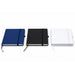 FSC Notebook - Three FSC notebooks in blue, black, and white, featuring elastic bands and ribbon bookmarks. Each has a logo.