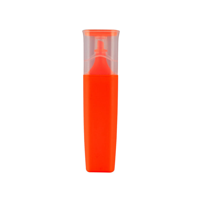 Luxer Highlighter - An orange highlighter in a clear case with a rounded top, featuring a logo on the side.
