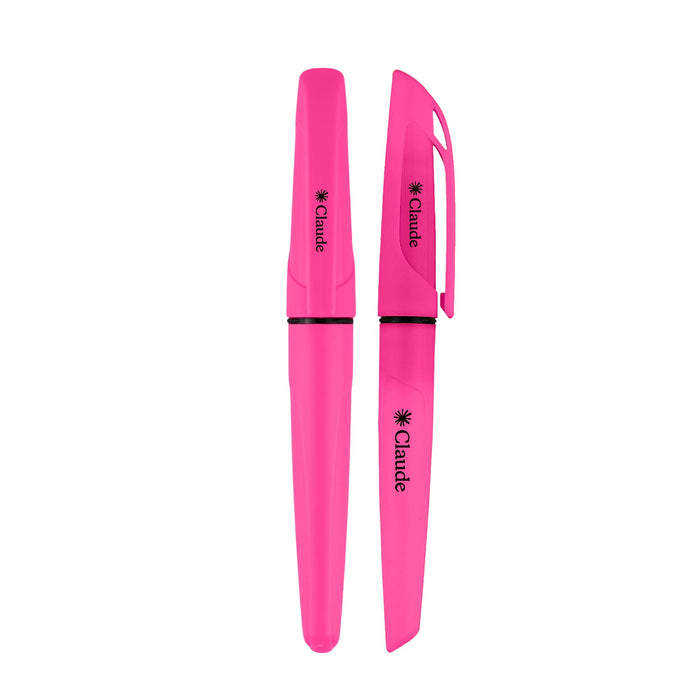 Gear Pen Highlighter - A pink highlighter pen with a cap and a branding logo. It features a sleek design with a black band.