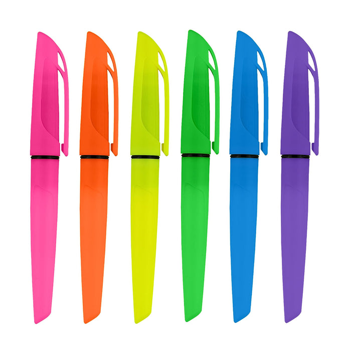 Gear Pen Highlighter - Six highlighters in bright colours: pink, yellow, green, and purple, each featuring a sleek, modern design and a branding logo.