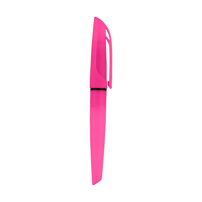 Gear Pen Highlighter - A pink highlighter shaped like a pen with a sleek design and a clip feature. It has a branding logo on the body.