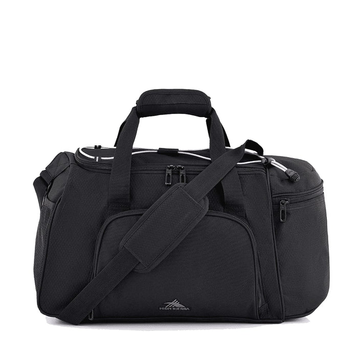 High Sierra Travel Duffel - A black travel duffel bag with multiple compartments, carrying handles, and a detachable shoulder strap. It features a logo.