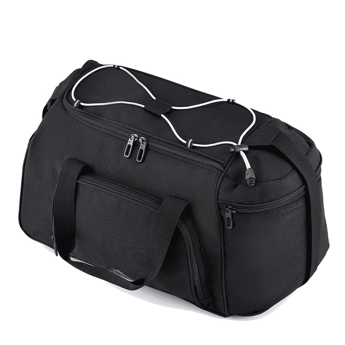 High Sierra Travel Duffel - A black travel duffel bag with multiple zippered compartments and sturdy handles, featuring a logo.