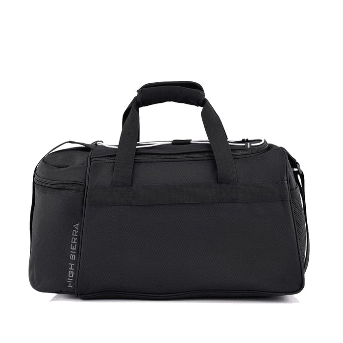 High Sierra Travel Duffel - A black travel duffel bag with dual handles, a detachable shoulder strap, and a logo on the side.