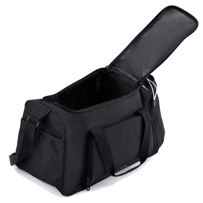 High Sierra Travel Duffel - A black travel duffel bag with a top opening, featuring dual handles and a front zip pocket. It has a logo.