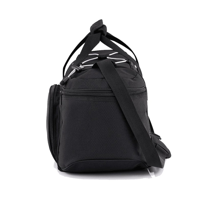 High Sierra Travel Duffel - A black travel duffel bag featuring a zippered main compartment and a detachable shoulder strap, with some branding visible.