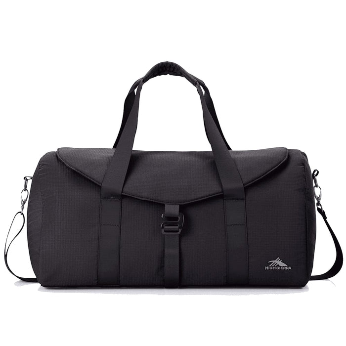 High Sierra Camille Duffel 31L - A black duffel bag with a flap, adjustable shoulder strap, and dual handles. It features a logo on the side.