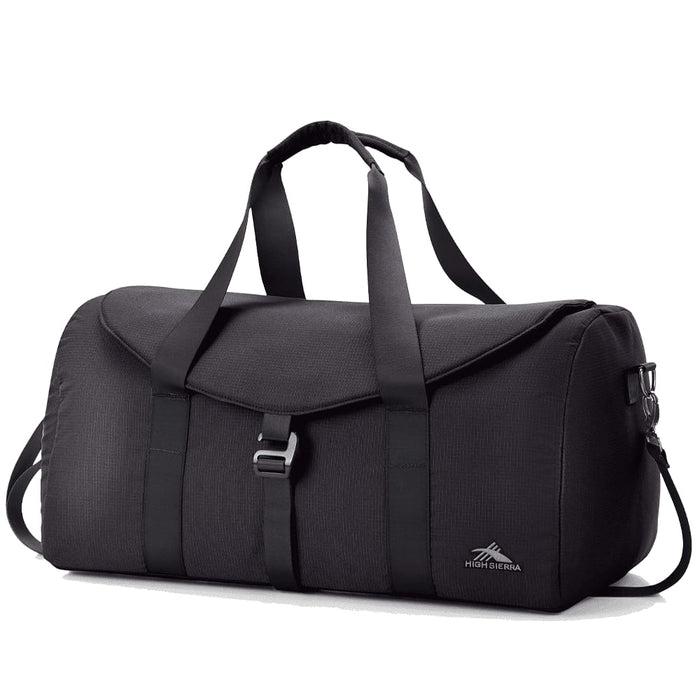 High Sierra Camille Duffel 31L - A black duffel bag with adjustable straps, a flap closure, and a logo on the side.