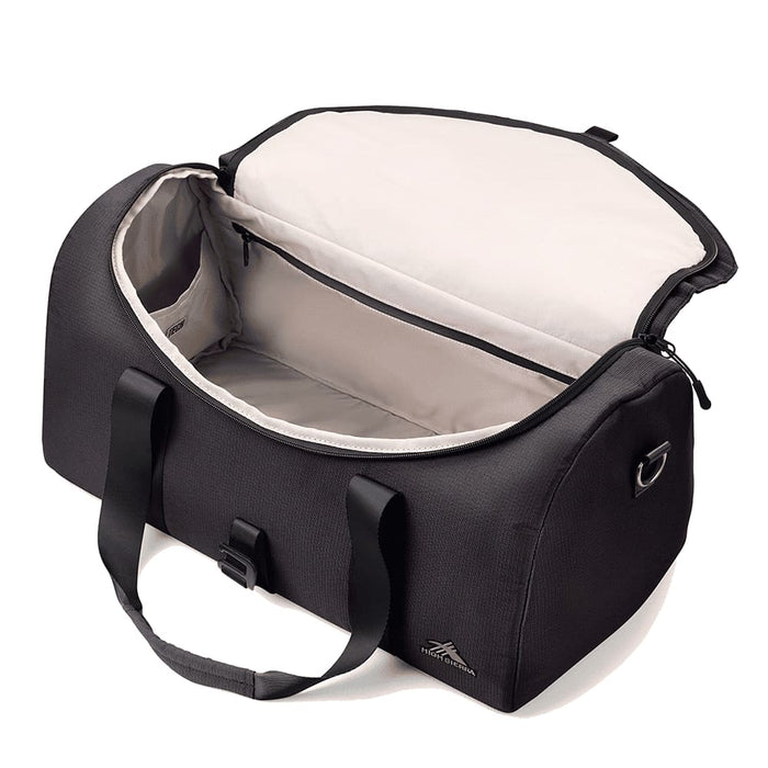 High Sierra Camille Duffel 31L - A black duffel bag with a spacious interior and two sturdy handles, featuring a zip closure.