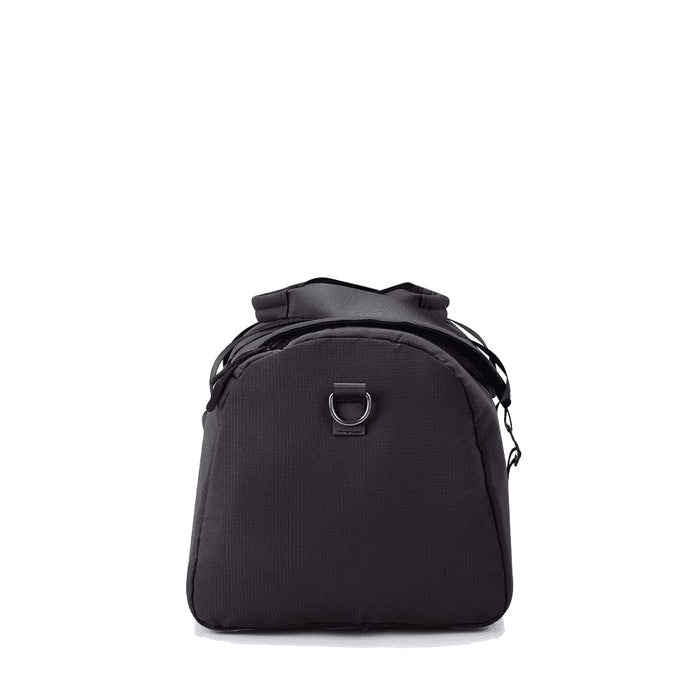 High Sierra Camille Duffel 31L - A black duffel bag with a wide opening, featuring a handle and shoulder strap attachments, and a loop on the front.