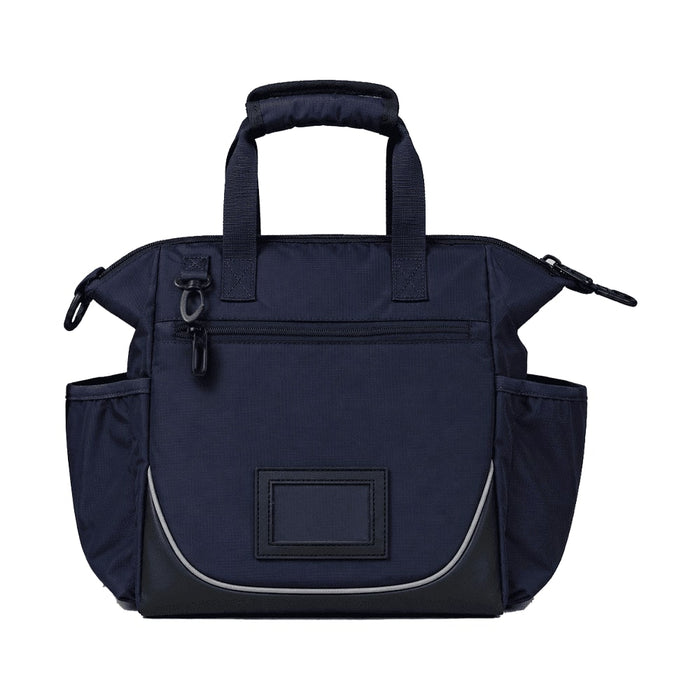 High Sierra Crib Bag - A navy blue bag with multiple pockets, short handles, and a sleek design. It features a logo on the front.