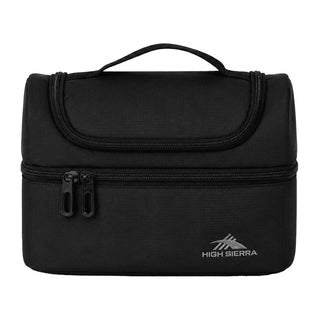 High Sierra Lunch Bag - A black lunch bag with a zippered compartment and a handle on top, featuring a logo on the front.