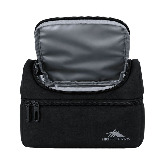 High Sierra Lunch Bag - A black insulated lunch bag with a zippered opening and grey interior, featuring a logo on the front.