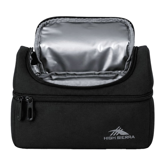 High Sierra Lunch Bag - A black lunch bag with a zippered closure, featuring a silver insulated interior and a small logo.