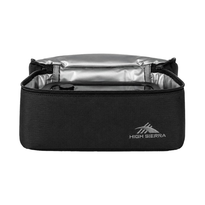 High Sierra Lunch Bag - A black insulated lunch bag with a silver interior, featuring a zip closure and a branding logo.