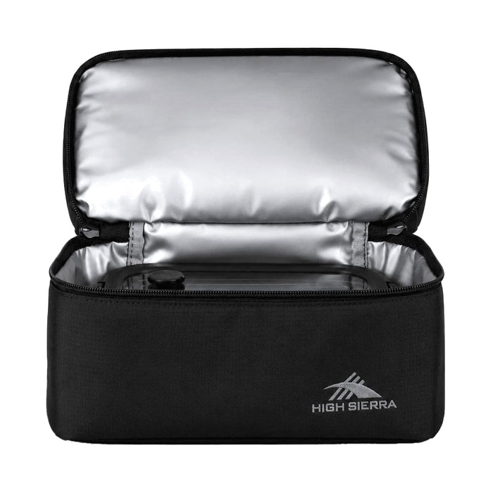 High Sierra Lunch Bag - A black lunch bag with a silver insulated interior, featuring a logo on the front.