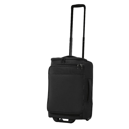 High Sierra Cross Season Pro Wheeled Duffle (55cm) - A black wheeled duffle bag with a retractable handle and zippers, featuring an exterior pocket and a logo.