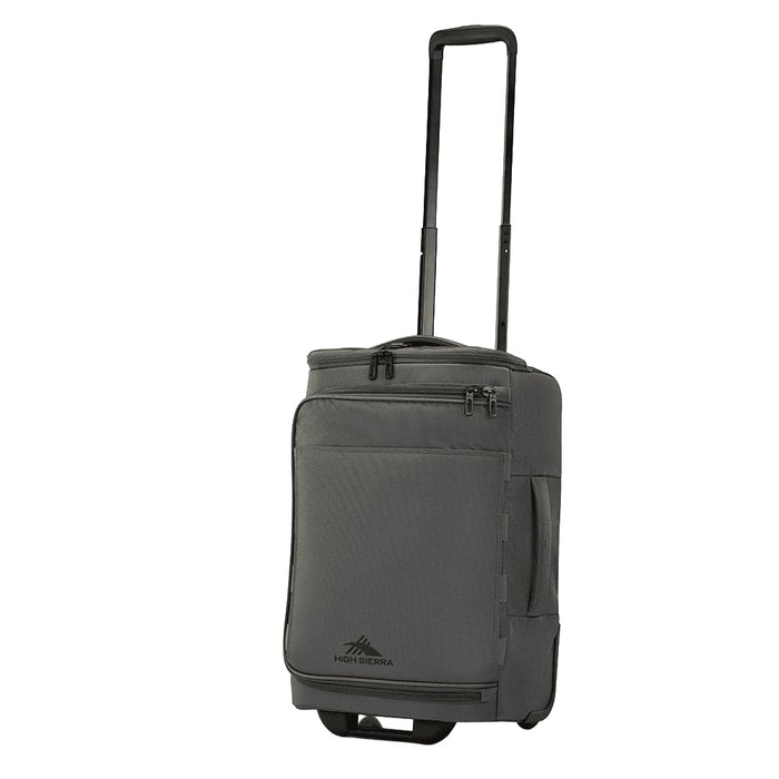 High Sierra Cross Season Pro Wheeled Duffle (55cm) - A grey wheeled duffle bag with a telescopic handle and multiple zippered compartments, featuring a logo.