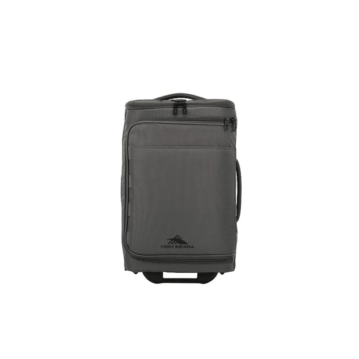 High Sierra Cross Season Pro Wheeled Duffle (55cm) - A wheeled duffle bag in grey featuring a front pocket and a logo. Ideal for travel and storage.