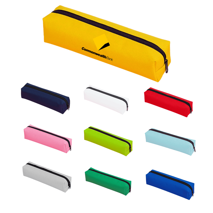 Polyester Pencil Case - A yellow polyester pencil case with a zipper, alongside various other coloured pencil cases in pink, green, blue, red, white, and navy.
