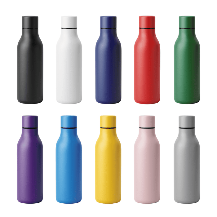 Emily Bottle – 550ml Thermal Drink Bottle - A drink bottle collection featuring black, white, navy, red, green, purple, blue, yellow, pink, and grey designs. Each bottle has a logo.