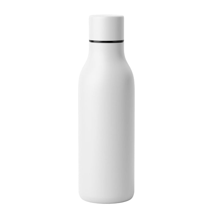 Emily Bottle – 550ml Thermal Drink Bottle - A drink bottle in matte white with a sleek design and a silver accent around the neck. Features a logo.