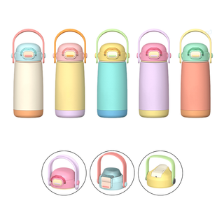 Pulse 420ml Stainless Steel Kids Metal Bottle - A drink bottle set featuring five pastel-coloured stainless steel bottles with removable lids and handles. Each bottle has a logo.