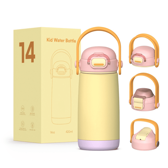 Pulse 420ml Stainless Steel Kids Metal Bottle - A drink bottle in pastel yellow, pink, and purple with a handle, accompanied by a box and various angle views.