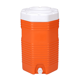 16L Water Dispenser Cooler Box - An orange water dispenser cooler box with a white lid and a tap at the bottom, featuring a logo.