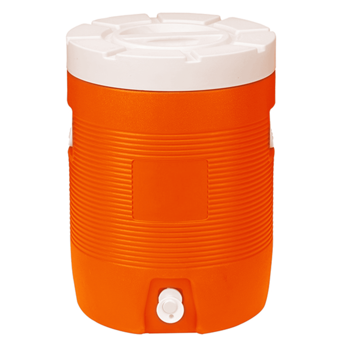 28L Water Dispenser Cooler Box - An orange 28L water dispenser cooler box with a white lid and a spout at the bottom. It has a logo on the side.