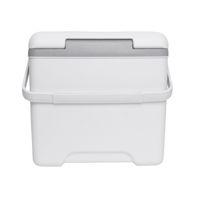 13L Cooler Box - A white 13L cooler box with a grey lid and a handle for easy carrying. Contains a logo on the side.